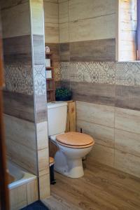 a bathroom with a toilet and a bath tub at Chata Ujo in Hranice +40 photos