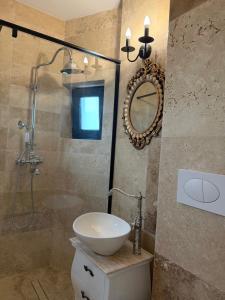 a bathroom with a toilet and a sink and a mirror at Konac Regesc in Eforie Sud