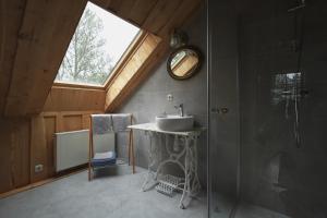 a bathroom with a sink and a glass shower at Kaimo sodyba Senas rublis in Pesčiai