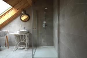a bathroom with a shower and a sink at Kaimo sodyba Senas rublis in Pesčiai