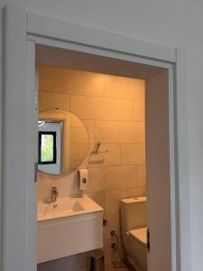 a bathroom with a sink and a mirror and a toilet at Armeda Restoran ve Pansiyon in Datca