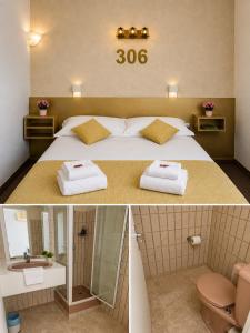 two pictures of a hotel room with a bed and a bathroom at Logis Hôtels - Hôtel et Restaurant Le Lion d'Or in Gramat