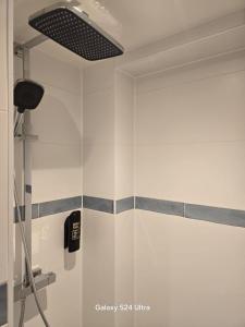 a bathroom with a shower with a ceiling fan at The Crown Hotel in Amsterdam