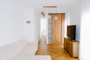a living room with a white couch and a television at Ayan Băile Felix Apartament in Baile Unu Mai