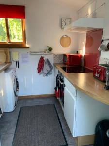 a kitchen with a counter and a washing machine at The Shippon at RoseHip in Launceston