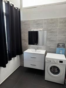 a bathroom with a washing machine and a sink at Urban Zen Appart Spacieux studio atypique avec bain a remous proche de tout in Pointe-à-Pitre