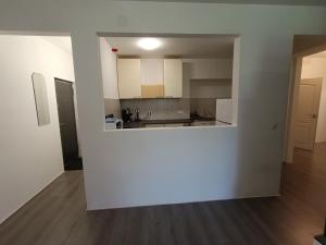 an empty kitchen with white walls and wooden floors at Ruhige Unterkunft in Oberlungitz