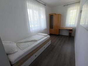 a bedroom with a bed and a desk in it at Ruhige Unterkunft in Oberlungitz