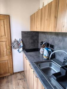 a kitchen with a sink and a refrigerator at Cottage by the Ponds in Krasňany