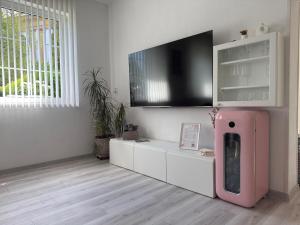 a living room with a pink refrigerator and a tv at Apartmán Kathryn in Dubá