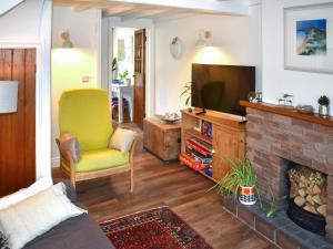 a living room with a fireplace and a television at Little Hog Cottage in Seaton