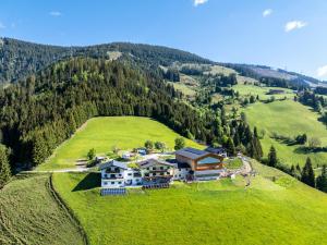 an aerial view of a house on a hill at Bergbauernhof Familienparadies Oberhasenberghof in Taxenbach