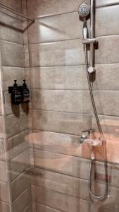a bathroom with a shower with two soap bottles at Kutaisi Glow in Kutaisi +19 photos