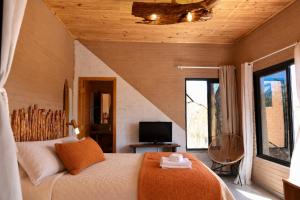 a bedroom with a bed and a tv and windows at Sertão do Luar in Jurubeba