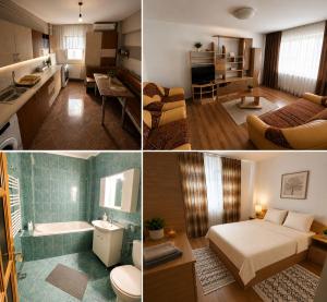 a collage of three pictures of a hotel room at Apartament Central in Moineşti