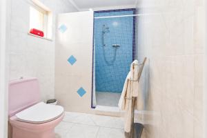 a bathroom with a toilet and a glass shower at Casa Nuno in Lagoa