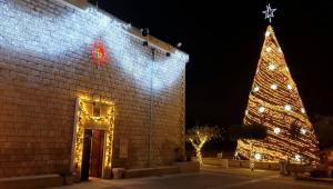 a large christmas tree in front of a brick building at Quiet Corner in Mafshatah +3 photos