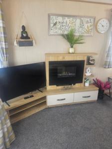 a entertainment center with a flat screen tv in a living room at 50A ALDERLEY at Hoburne bashley in New Milton