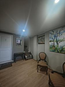 a living room with a chair and a painting on the wall at Hospedaje La Trinidad in Junín