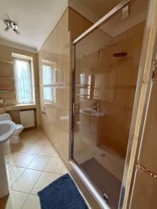 a bathroom with a shower and a sink at Zakątek in Porąbka +45 photos