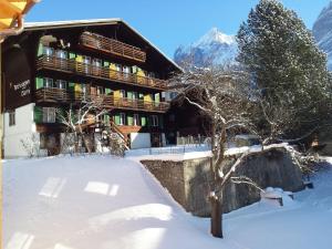 a snow covered building with a tree in front of it at Hotel Tschuggen in Grindelwald