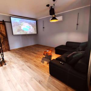 a living room with a couch and a flat screen tv at LoftLove Lubianka in Starachowice