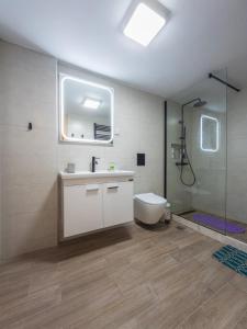 a bathroom with a toilet and a sink and a shower at Morpheas Apartment in Central Myrina in Myrina +16 photos