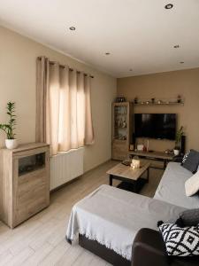 a living room with a couch and a tv at Tsoukanas Studios in Patitiri