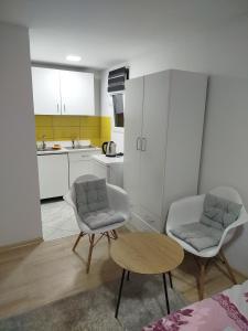 a room with two chairs and a table and a kitchen at Apartman Deni in Tuzla