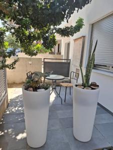 zwei große weiße Töpfe mit Pflanzen auf einer Terrasse in der Unterkunft Cozy studio! in Paphos City