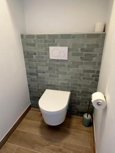 a bathroom with a toilet and a brick wall at Les palmiers Maxime in Sainte-Maxime +10 photos