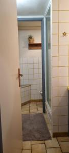 a bathroom with a door leading to a shower at Duplex le Randonneur - Les Apparts du Sancy in Chastreix +1 photo