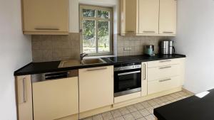 a kitchen with white cabinets and a sink at Alte Gärtnerei in Päwesin