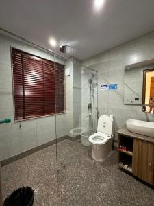 a bathroom with a toilet and a sink and a shower at Raku Guest House - A Peaceful Stay in the Heart of Leh in Leh