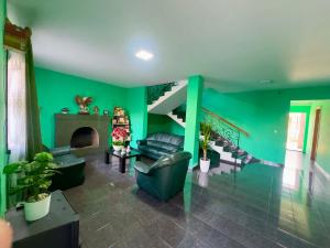 a green living room with a couch and a fireplace at Hotel Kobuleti Garden in Kobuleti