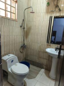 a bathroom with a toilet and a sink at Hillmabliz Apartment in Abuja +7 photos