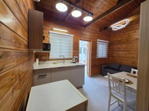 a kitchen with wooden walls and a sink and a chair at הבקתות במושבה in Rosh Pinna