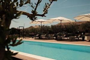 a swimming pool with chairs and umbrellas at Villa Mirko in Barbariga
