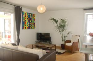 a living room with a couch and a tv at Rosys Appartement in Strasbourg