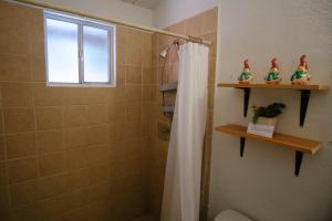 a bathroom with a shower with a shower curtain at Casa Los Agapandos in Valle de Bravo +40 photos