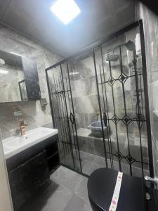a bathroom with a sink and a toilet and a shower at David Moser 1878 Oteli in Kars