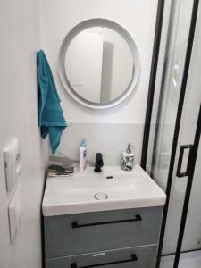 a bathroom with a sink and a mirror at Studio cosy sans vis-à-vis in Vernon +5 photos