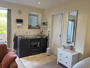 a kitchen with a stove and a sink in a room at Garden Studio in Bourne End in Bourne End +19 photos