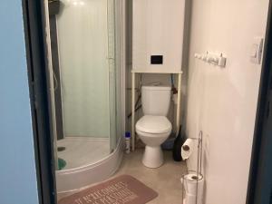 a small bathroom with a toilet and a shower at Celimène in Canet-en-Roussillon +14 photos