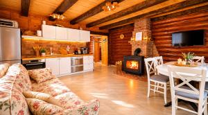 a living room with a couch and a fireplace at Log Cabin Valley - Private Villa with Pool in Gospić