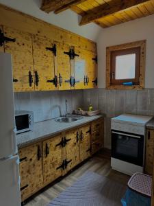 a kitchen with wooden cabinets and a sink at Vlasic Odmor - Villa Krajina III in Vlasic