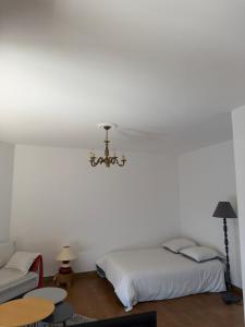 a bedroom with two beds and a chandelier at Appartement sagone in Coggia
