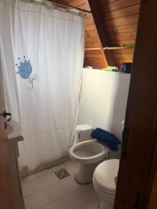 a bathroom with a toilet and a shower curtain at cabañas los juanes in Tres Arroyos