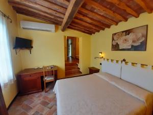 a bedroom with a bed and a desk and a television at Agriturismo la Torre in Bagni di Lucca +82 photos