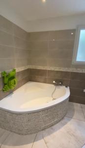 a bath tub in a bathroom with a green item on the wall at Le clos des voies in Ganges